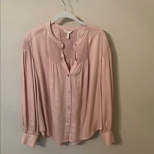 Rebecca Taylor Blush Button-Down Smocked Yoke Blouse